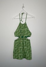 Zara Jacquard Green Swirl Retro 60s Mini Dress Halterneck Tie Cut Out Detail M