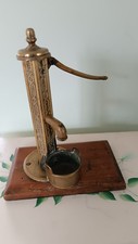Vintage Ornate Water Hand Pump Brass on an Oak Base - Decorative 7" High