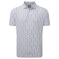 FootJoy Mini Floral Lisle Polo Shirts - White/Watermelon/Sea Green-M