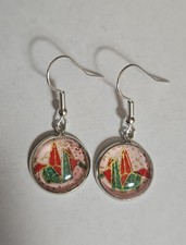 Handmade Dome Cabochon Silver Bezel Drop Dangle Earrings Origami Crane Design