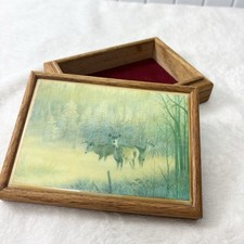 Vintage Deer Scene Wood Trinket Watch Jewelry Box Red Lined Dresser Hunting