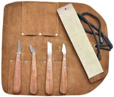 Beber 4 Piece Chip Carving Set with Leather Strop in a Leather  - Made in the UK