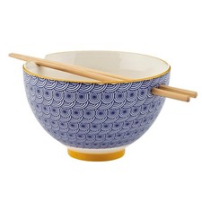 Noodle Bowl Ceramic 16.5cm Blue Rice Pasta Serving Bowl with Wooden Chopsticks