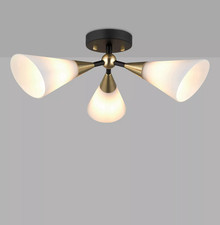 John Lewis Ceiling Light  Datura 3 Light Brass White Glass Black Round OPEN BOX