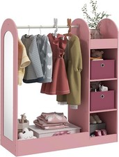 Kids Clothes Open Wardrobe Mirrored Dress Up Rail Storage Baskets Shelves Pink