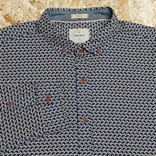 2XL WHITE STUFF Shirt Mens Blue Cream Bird Pattern Button Down Long Sleeve