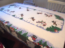 Vintage Rectangular Christmas Table Cloth . Snowman pattern.