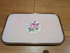 VINTAGE VANITY DRESSING TABLE TRAY LACE & PORCELAIN ROSE INSERTS DECORATION