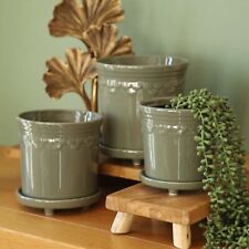 Ceramic Sage Green Plant Pot Raised Saucer Scalloped Edge Glazed Planter Outdoor