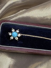 Antique Victorian Edwardian Flower Cluster Turquoise Paste Tie Cravat Lapel Pin