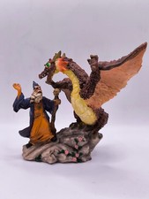 Vintage Fantasy Wizard & Dragon Figurine Hand Painted Resin 13 cm Ornament