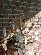 FRENCH TOLE WARE CHANDELIER LGE 5 BRANCH PINK & YELLOW TULIPS CEILING LIGHT LAMP