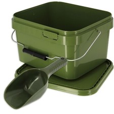 NGT Carp Coarse Fishing 5L Square Airtight Green Bucket Small Baiting Spoon Set