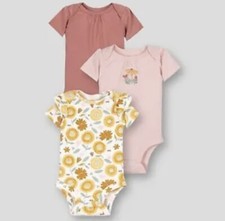 Lamaze Baby Girls' 3pk Organic Cotton Pink Flower Short Sleeve Bodysuit 9 month