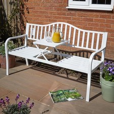 Garden Bench Loveseat White Centre Drinks Table Armrest Outdoor Patio Furniture