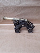 Antique Victorian Ornamental Brass Cannon on Cast Iron 4 Wheel Dragon Base
