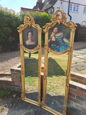 Large Pair Of Antiqued Gold French Tall Wall Mirrors Ornate 178/51cm