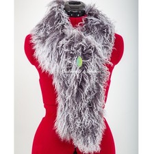 GREY WHITE MIXED LADIES GENUINE MONGOLIAN SHEEPSKIN LAMB FUR CURLY SCARF BOA