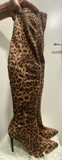 New Leopard Print Stretch Faux Suede Stiletto Heel Thigh High Pull On Boot UK 6