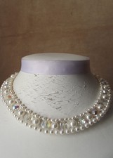 Vintage Necklace Simulated Pearl Aurora Borealis Beads Ornate Design choker