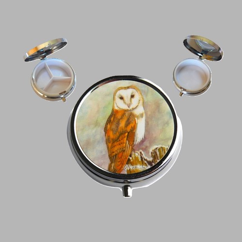 Barn owl round metal pill - -,
