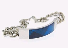 MENS BRACELET ID BEN SHERMAN STAINLESS STEEL TARTAN BLUE