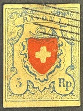 Switzerland stamp 1850, 5 Rp. blue and red, used, thin top edge