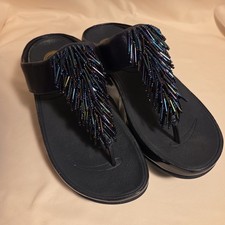 FitFlop Cha Cha Women's Sz 7  Beaded Tassel NVR WORN Wedge Sandals Thongs Blue