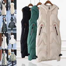 Womens Hooded Coat Vest Winter Sleeveless Jacket Long Cotton Padded Waistcoat