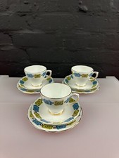 3 x Delphine Fine China Tea Trios Cups Saucers and Side Plates Set Green Blue