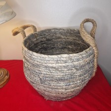 Round Neutral Beige Light Brown Wicker Basket with Handles Storage Planter