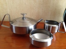 Mid Century Old Hall Robert Welch Stainless Steel Alveston Teapot, Milk & Sugar