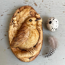 Vintage MJC Plaster Wall Plaque Robin Bird 1940 - 1950 Signed Wood Effect Boho