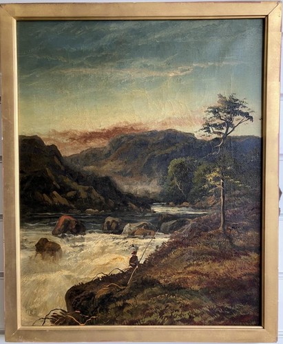 Antique oil painting angler - antique,