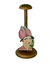 Vtg Wood Hat Millenary Stand Flapper Girl Pink Hat Hand Painted Art Deco Display