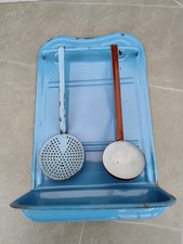 Vintage French Enamel Kitchen Rack Utensil Holder Drip Tray  & 2 Utensils