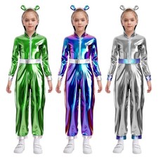Kids Girls Alien Costume Halloween Costume Metallic Gloss Hood Jumpsuit Cosplay