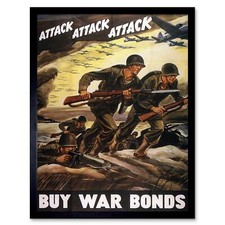 War Propaganda Ww2 Attack Bond Soldier Gun Usa Vintage Advertising Framed Print