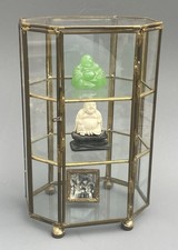 OCTAGONAL glass and brass 3-tier 2 shelves DISPLAY CASE Cabinet  Ht: 8.5"