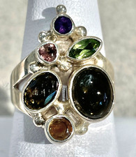 Shankari 925 Silver 6 Gemstone Ring Peridot Garnet Citrine Topaz Quartz Sz 7.5 S