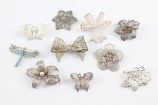 Mixed Grade Silver Brooches Filigree Enamel Dragonfly Floral Bow Vintage x 10