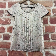 Ann Taylor Top Womens 0 White Multicolor Speckled Ditsy Dot Satin Pleated Shirt