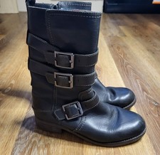 Clarks Mid-calf Biker Boots Womens Black Buckles Zip Leather Uk 6 Small Heel 
