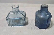 Two Antique Victorian Blue Glass Ink Wells Bottles Desk Top Decor Late 1890s Era