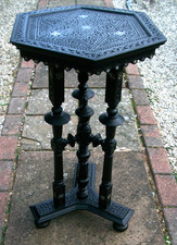 ANTIQUE  HEXAGONAL ISLAMIC/SYRIAN  CARVED WOODEN  INLAID TRIPOD TABLE