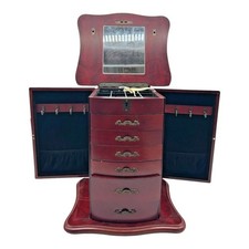 🪞 Thomas Pacconi Classics Mahogany-Finish Wooden Jewelry Chest Mirror & Drawers