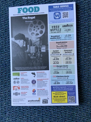 Wetherspoons food and bar menu - and,