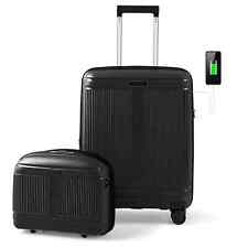 2-Piece Luggage Set 20" Carry-on Suitcase & 14" Cosmetic Case w/ USB Port Black