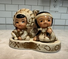 Vtg American Indian Salt And Pepper Shakers With TeePee Tray Toothpick Holder