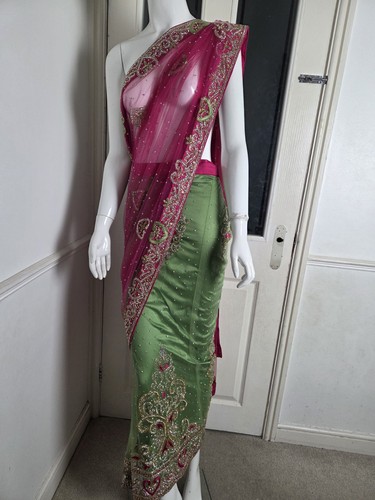 Pink net diamante - pink, saree